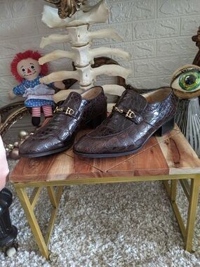 Brown Croc Leather Dress Loafers with Gold Hardware